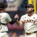 San Francisco Giants Ryan Walker is congratulated by catcher Patrick Bailey after notching his first save as a closer in a 3-1 victory over the Detroit Tigers, Saturday, Aug. 10, 2024, at Oracle Park in San Francisco, Calif. (Karl Mondon / Bay Area News Group / Tribune News Service)