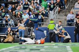 Seattle Seahawks receiver DK Metcalf (14) catches a TD pass against the Browns in the final preseason game of the season on Saturday, Aug. 24, 2024 at Lumen Field in Seattle. (Photo courtesy of the Seattle Seahawks)