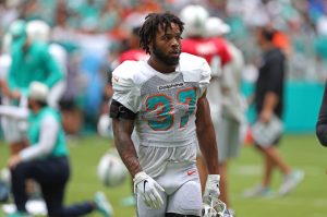 Miami Dolphins running back Myles Gaskin walks on the field during a team scrimmage at Hard Rock Stadium in Miami Gardens, Saturday, Aug. 5, 2023. (John McCall / South Florida Sun Sentinel / Tribune News Services)