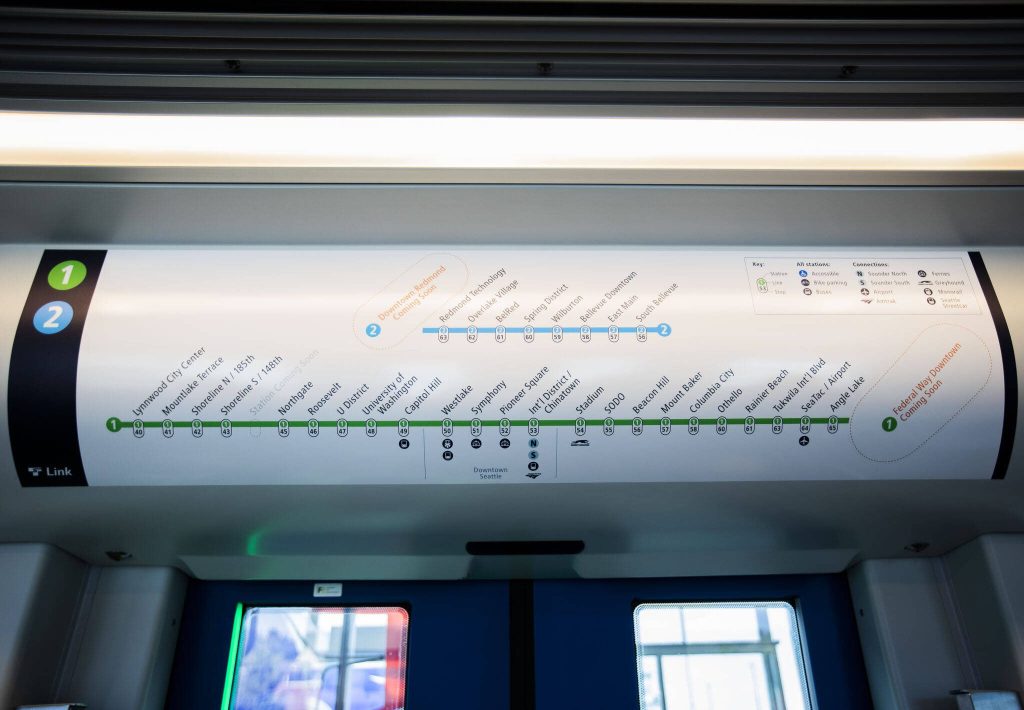 A Link light rail station map with with different lines listed as coming soon on Wednesday, Aug. 28, 2024 in Lynnwood, Washington. (Olivia Vanni / The Herald)