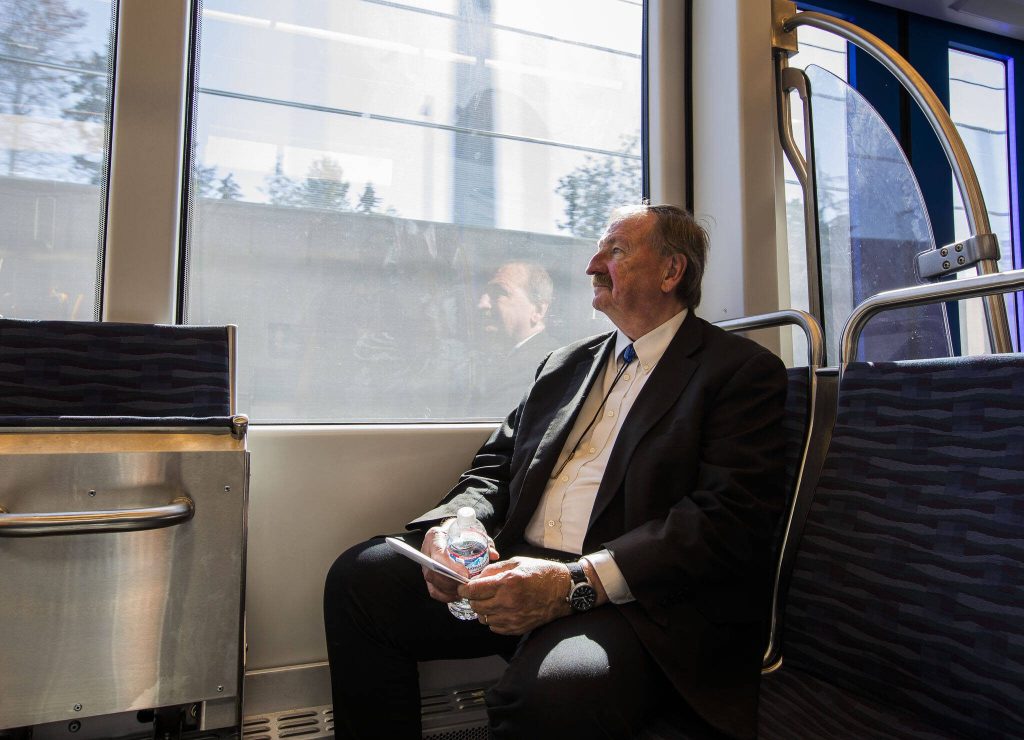 Snohomish County Executive Dave Somers rides the new Lynnwood Link Line on Wednesday, Aug. 28, 2024 in Mountlake Terrace, Washington. (Olivia Vanni / The Herald)