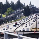 A Link light rail train moves northbound toward the Shoreline South station on Wednesday, Aug. 28, 2024 in Shoreline, Washington. (Olivia Vanni / The Herald)