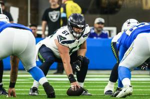 Seahawks offensive lineman Jalen Sundell (61) snaps the ball in a preseason game against the Los Angeles Chargers at SoFi Stadium on Saturday, Aug. 10. Sundell, who was not selected in the 2024 draft made the Seahawks 53-man roster on Tuesday. (Photo courtesy of Edwin Hooper / Seattle Seahawks)