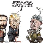 Donald Trump tells a JD Vance holding a magazine called Couch Digest that having A Kennedy on board will make us seem less Weird."  RFK Jr is dressed as a clown holding Conspiracy theories and wearing a tin foli hat.