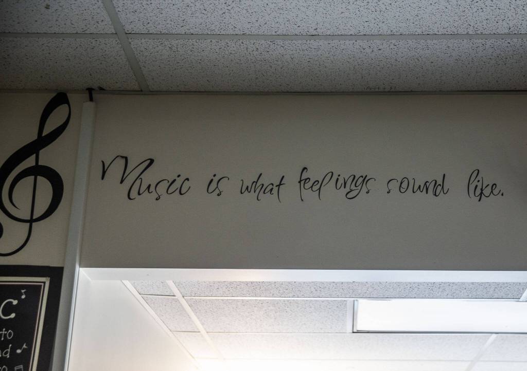 Music quotes cover a part of the wall in the music room at Hazelwood Elementary on Aug. 26 in Lynnwood. (Olivia Vanni / The Herald)