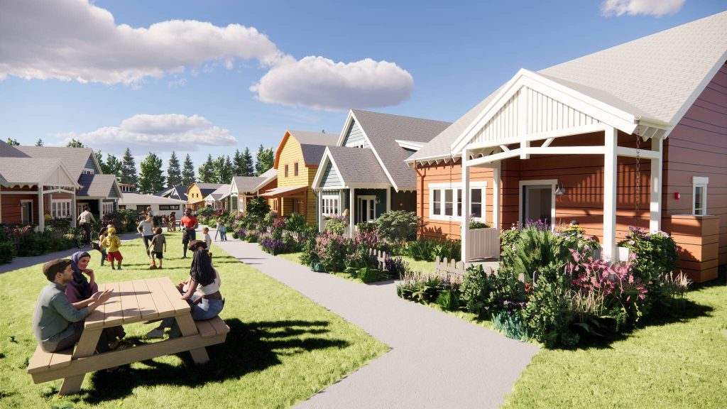 Residents converse outside their cottages in an illustrative rendering of Sunnyside Village Cohousing in Marysville. (Schemata Workshop)