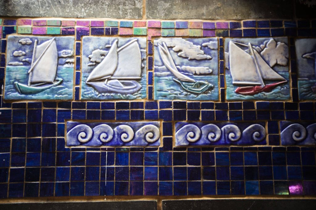Detail tiles in the gally of the Adventuress on Tuesday, Aug. 27, 2024 in Everett, Washington. (Olivia Vanni / The Herald)