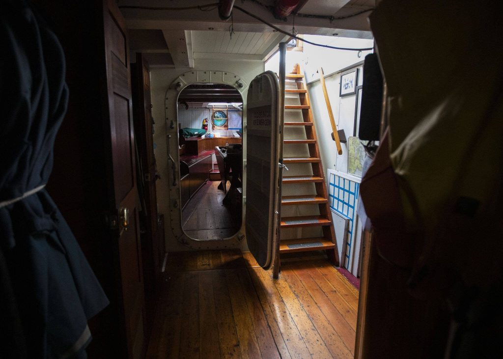 Inside the hallway and sleeping quarters of the Adventuress on Tuesday, Aug. 27, 2024 in Everett, Washington. (Olivia Vanni / The Herald)