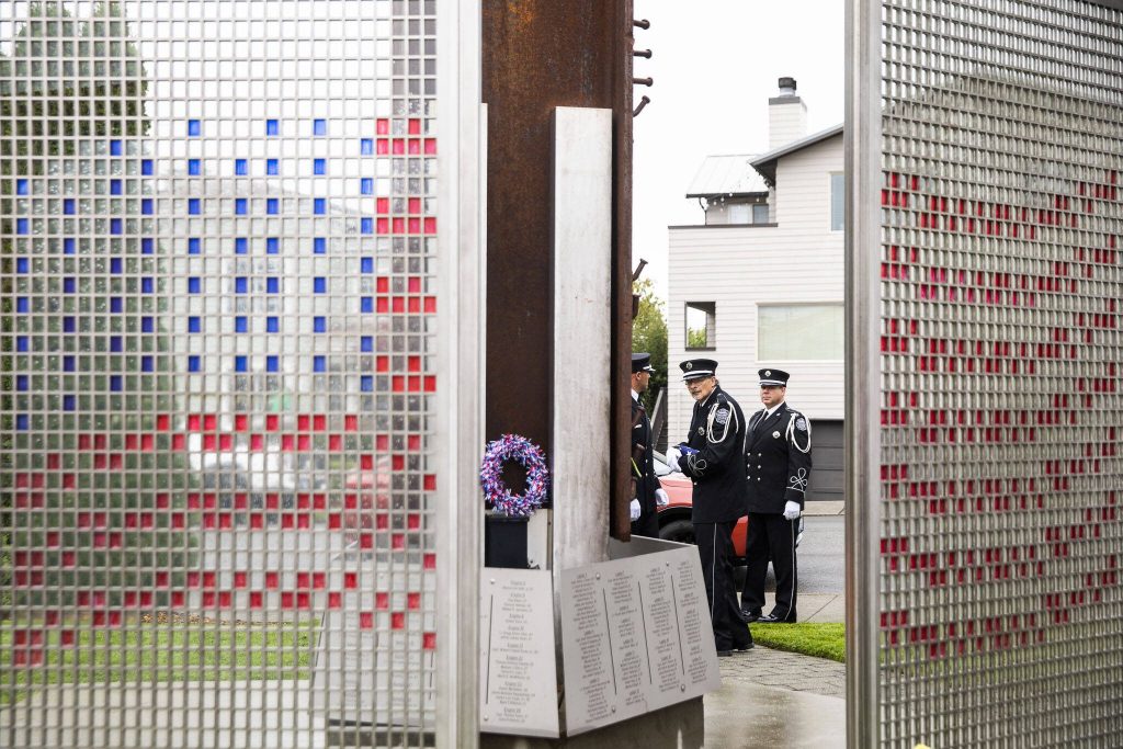 The 9/11 memorial outside of the downtown Edmonds Fire Station on Wednesday, Sept. 11, 2024. (Olivia Vanni / The Herald)
