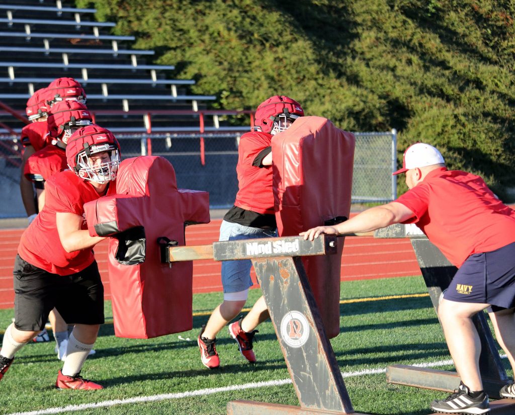 A scene from the Stanwood High School football practice at Bob Larson Stadium in Stanwood, Washington on Aug. 30, 2024. (Taras McCurdie / The Herald)