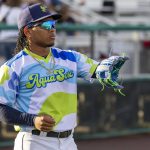 Everett AquaSox infielder Michael Arroyo, the Seattle Mariners 12th-ranked prospect, catches a baseball prior to Everetts game against the Eugene Emeralds on August 3, 2024, at Funko Field in Everett, Washington. (Photo courtesy of Evan Morud, Everett AquaSox)