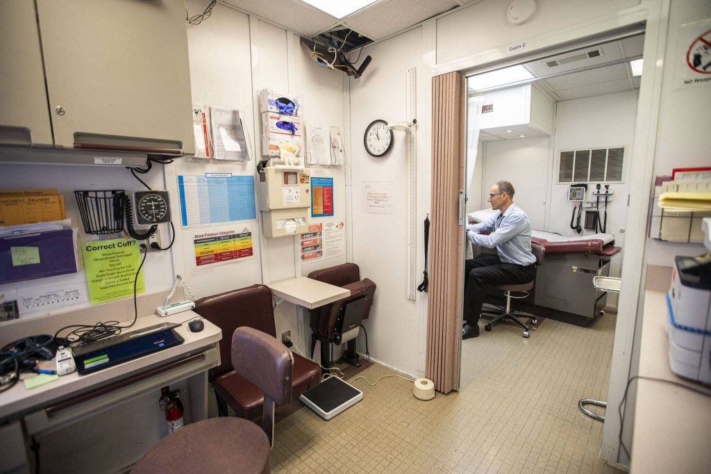 Inside the Lahai Health Mobile Medical Clinic set up at The Village on Casino Road on Friday, Sept. 20, 2024 in Everett, Washington. (Olivia Vanni / The Herald)