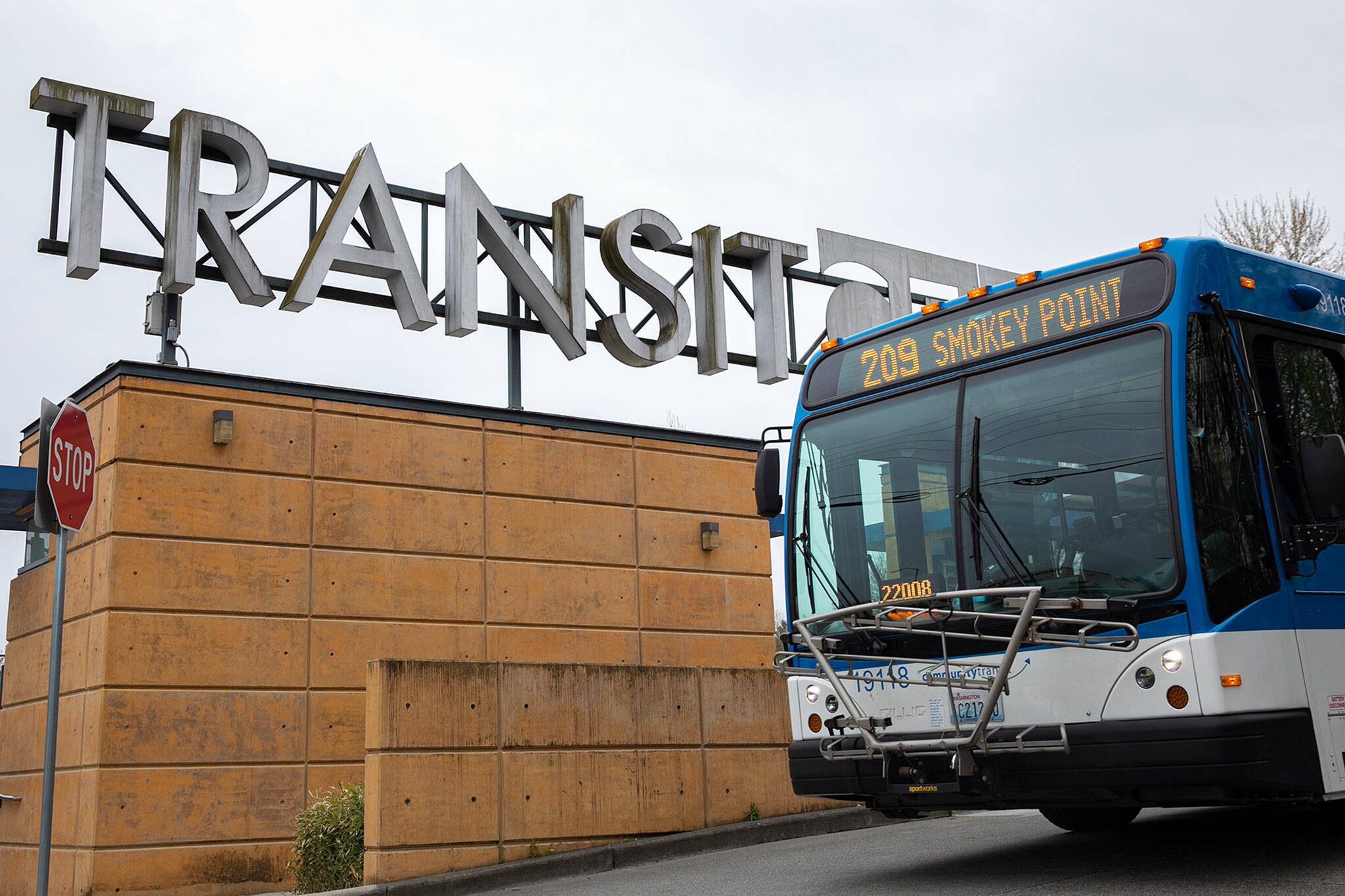 Community Transits 209 bus departs from the Lake Stevens Transit Center at 4th St NE and Highway 9 in 2023 in Lake Stevens. (Ryan Berry / The Herald)