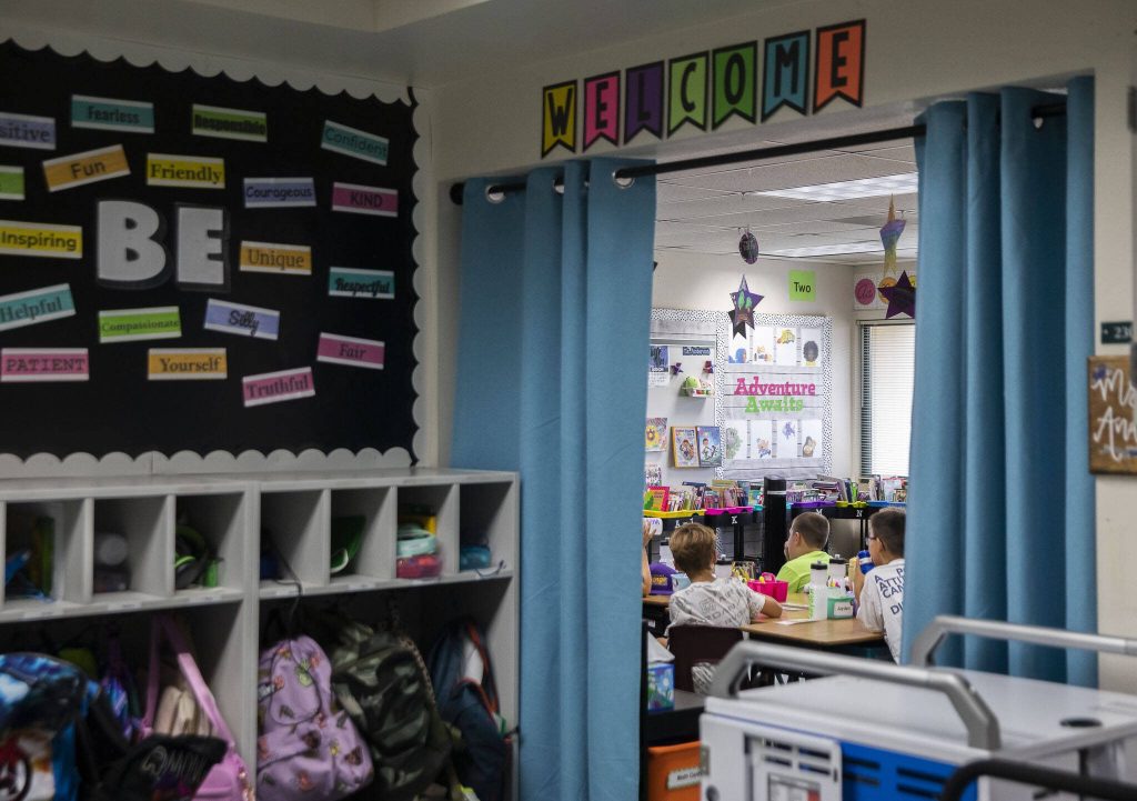 Curtains act as doors for a handful of classrooms at Glenwood Elementary on Monday, Sept. 9, 2024 in Lake Stevens, Washington. (Olivia Vanni / The Herald)