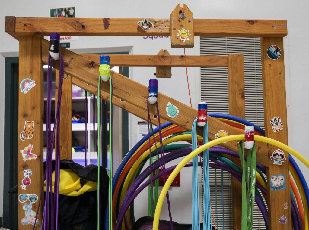 P.E. equipment hangs on a rolling cart due to lack of storage at Glenwood Elementary on Monday, Sept. 9, 2024 in Lake Stevens, Washington. (Olivia Vanni / The Herald)