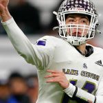Lake Stevens’ Kolton Matson completes a short pass against Graham-Kapowsin during the WIAA 4A Football State Championship on Saturday, Dec. 2, 2023, at Husky Stadium in Seattle, Washington. (Ryan Berry / The Herald)