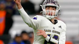 Lake Stevens’ Kolton Matson completes a short pass against Graham-Kapowsin during the WIAA 4A Football State Championship on Saturday, Dec. 2, 2023, at Husky Stadium in Seattle, Washington. (Ryan Berry / The Herald)