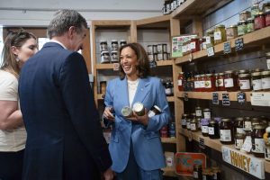Vice President Kamala Harris talks with North Carolina Gov. Roy Cooper as she makes purchases at Bayleaf Market in Raleigh, N.C., on Friday, Aug. 16, 2024. Harris used her first major policy speech to unveil the central planks of her economic agenda. (Erin Schaff/The New York Times)