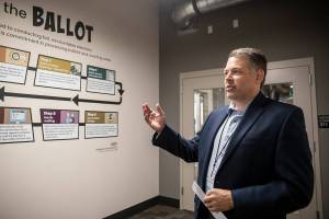 Snohomish County Auditor Garth Fell talks about the new Elections Center during a tour on July 9 in Everett. (Olivia Vanni / The Herald)