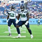 Seahawks linebacker Derick Hall (58) celebrates during a preseason game against the Tennessee Titans at Nissan Stadium in Nashville, Tenn. on Saturday, Aug. 17, 2024. (Photo courtesy of the Seattle Seahawks)