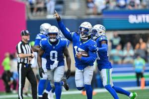 Seahawks linebacker Jerome Baker reacts after recovering a fumble forced by KVon Wallace in 26-20 victory over the Denver Broncos at Lumen Field on Sunday, Sept. 8 2024. (Photo courtesy of the Seattle Seahawks)