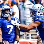 Seahawks quarterback Geno Smith (7) celebrates after his 34-yard touchdown run against the Denver Broncos at Lumen Field on Sunday, Sept. 8 2024. (Photo courtesy of the Seattle Seahawks)