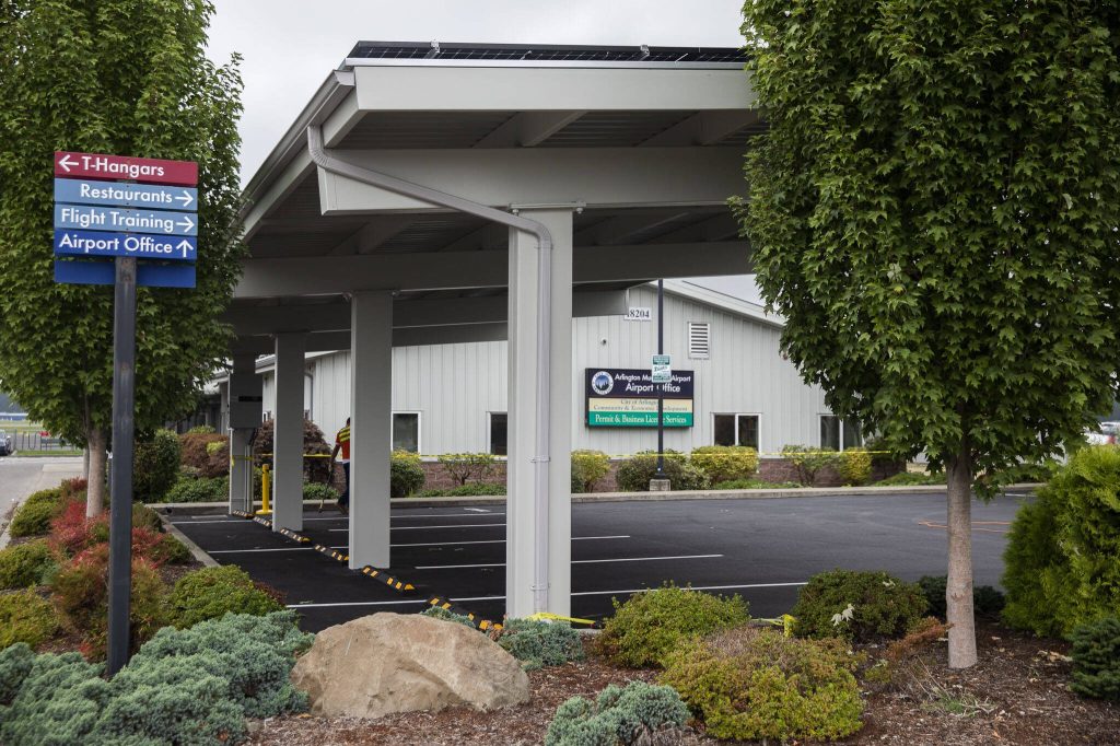 A newly constructed carport at the Arlington Municipal Airport on Tuesday, Sept. 10, 2024 in Arlington, Washington. (Olivia Vanni / The Herald)