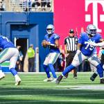 Seahawks offensive linemen Stone Forsythe (78), Anthony Bradford (75) and Connor Williams (57) block for quarterback Geno Smith (7) in the season-opening game against the Denver Broncos at Lumen Field on Sept. 8, 2024 (Photo courtesy of the Seattle Seahawks)