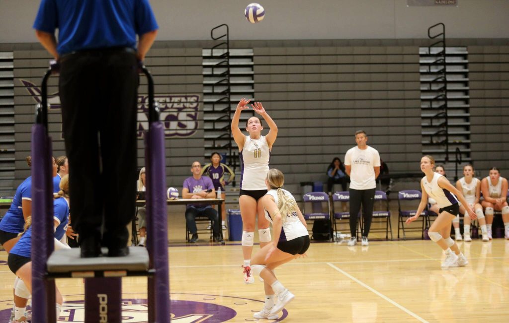 Lake Stevens junior setter Olivia Gonzales sets up the volleyball for a teammate in the season opener against Curtis High School in Lake Stevens, Wash., on Sept. 11, 2024. Curtis won all three sets: 25-19, 25-20 and 25-18. (Taras McCurdie / The Herald)
