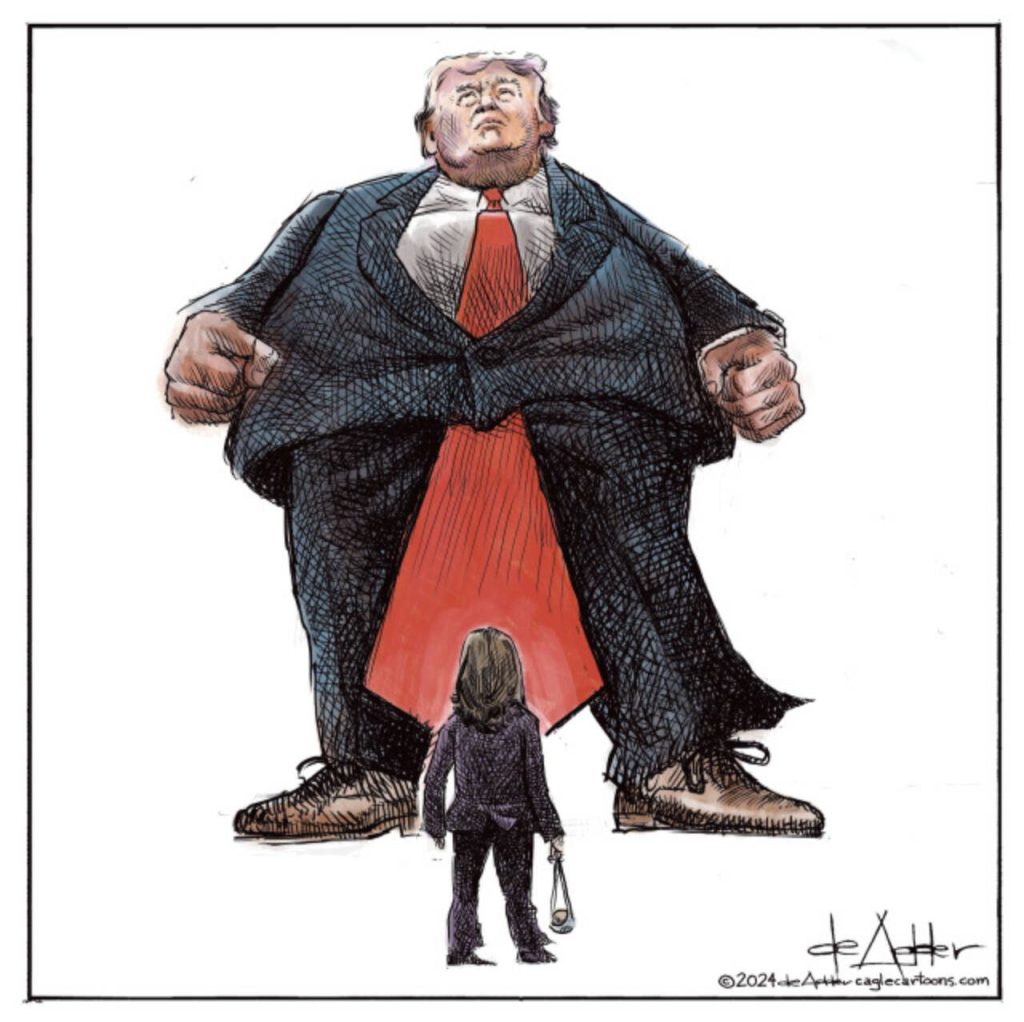 Kamala stands with a sling ready to combat a giant Donald Trump.