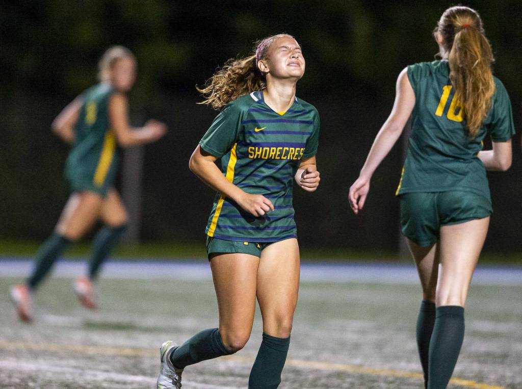 Shorecrests Olivia Taylor grimaces after missing shot on goal during the game against Archbishop Murphy on Tuesday, Sept. 17, 2024 in Shoreline, Washington. (Olivia Vanni / The Herald)