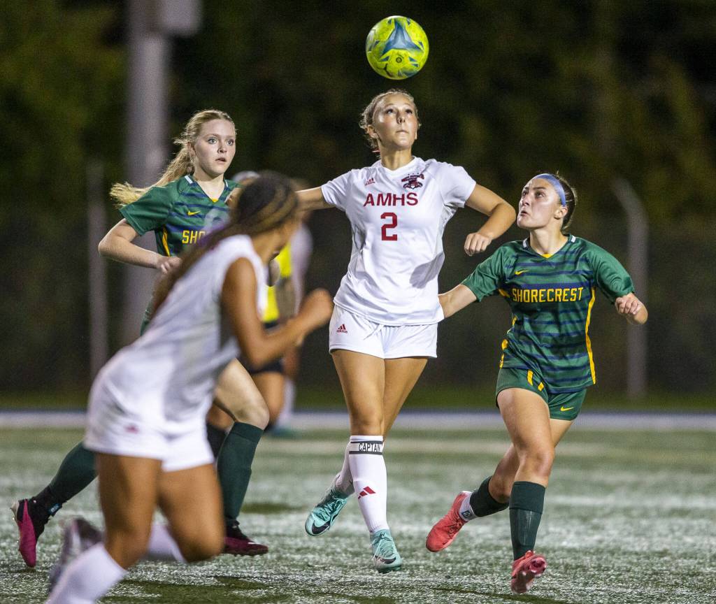 Archbishop Murphys Chloe McCoy leaps in the air to head the ball during the game against Shorecrest on Tuesday, Sept. 17, 2024 in Shoreline, Washington. (Olivia Vanni / The Herald)