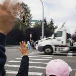 A truck honks in support of picketing Boeing workers along Airport Road on Monday, Sept. 16, 2024 in Everett, Washington. (Olivia Vanni / The Herald)