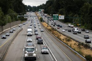 Traffic moves along I-405 between Highway 522 and Highway 527 in 2021 in Bothell. (Olivia Vanni / The Herald)