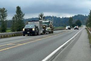 A trailer spilled herbicides onto U.S. 2 in Monroe on Wednesday morning. (Snohomish Regional Fire and Rescue)
