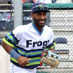 Everett AquaSox outfielder Lazaro Montes smiles while running onto the field prior to Everetts game against the Spokane Indians on June 26, 2024 at Funko Field. (Photo courtesy Evan Morud / Everett AquaSox)