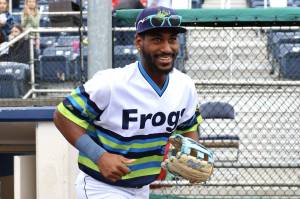 Everett AquaSox outfielder Lazaro Montes smiles while running onto the field prior to Everetts game against the Spokane Indians on June 26, 2024 at Funko Field. (Photo courtesy Evan Morud / Everett AquaSox)