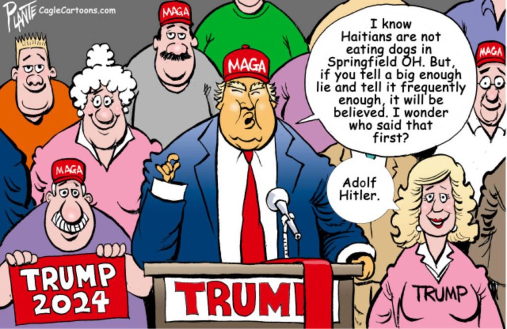 Trump speaks at a MAGA Rally, Springfield OH, Haitians, dogs, cats, lie, lies, Trump, campaign 2024, MAGA, Donald J. Trump, RNC, Republican Party, GOPtoon