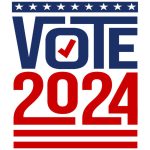 Vote 2024 logo with red and blue text for US presidential election. Election sticker, badge, label, poster, banner, greeting card. Stars and USA flag red strips Vector illustration.