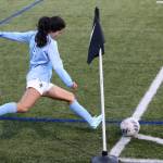 Western Washington Universitys Morgan Manalili, a Shorewood High School graduate, takes a corner kick during the Western-Point Loma game at Harrington Field in Bellingham, Wash., on Nov. 12, 2022. (Taras McCurdie / The Herald)