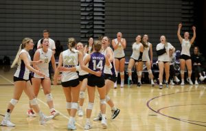 Lake Stevens volleyball players celebrate after scoring a point in their season opener against Curtis High School in Lake Stevens, Wash., on Sept. 11, 2024. Curtis won in three straight sets: 25-19, 25-20 and 25-18. (Taras McCurdie / The Herald)