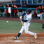 Aquasox outfielder RJ Schreck hits the ball during a game against the Vancouver Giants on Wednesday, June 5, 2024, at Funko Field in Everett, Washington. (Ryan Berry / The Herald)