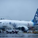 Alaska Airlines N704AL, a Boeing 737 Max 9 that had a door plug blow out from its fuselage midair, parked at a maintenance hanger at Portland International Airport in Portland, Ore., on Jan. 8. (Amanda Lucier / The New York Times)