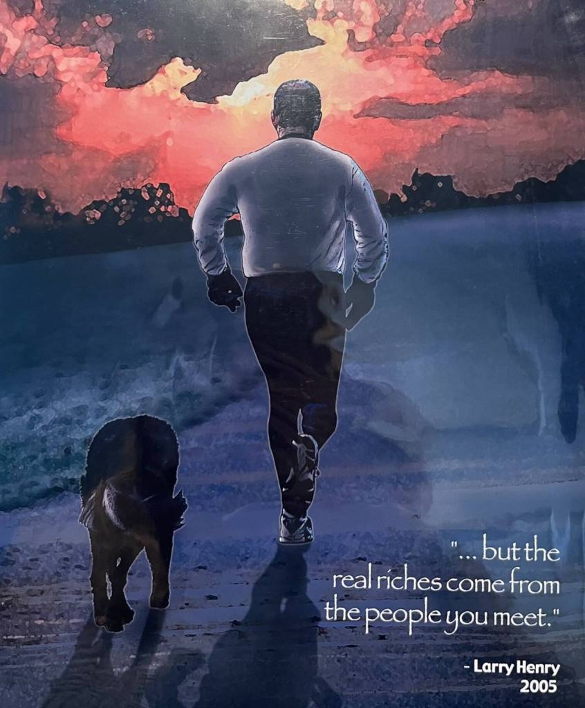 Courtesy of Rae Henry
Captured in a painting, former Herald columnist Larry Henry runs with his dog, Pepper.