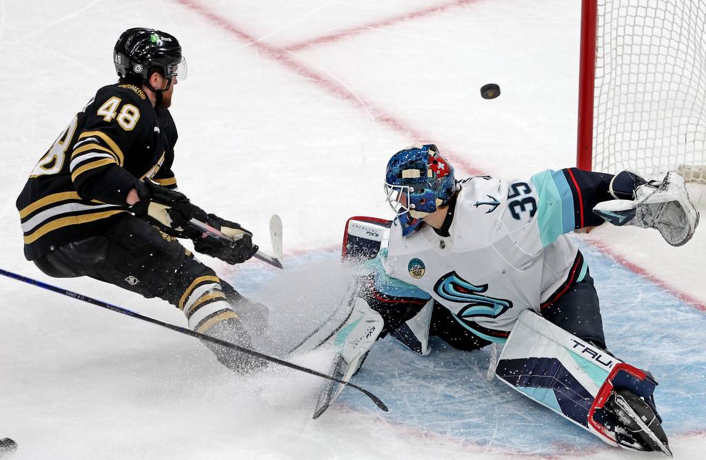 Matt Stone / Boston Herald
Joey Daccord (35) will be asked to carry much of the goaltending load for the Seattle Kraken this season.