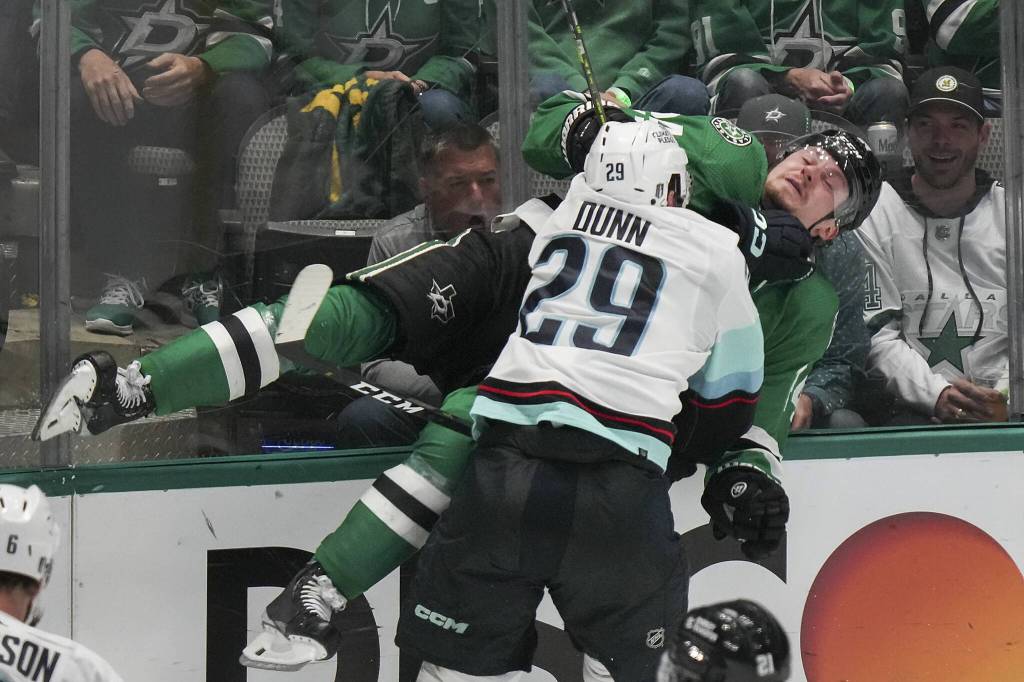 Smiley N. Pool / Tribune News Service
Defenseman Vince Dunn (29) and the Seattle Kraken face a tough test in the NHLs Pacific Division this season.