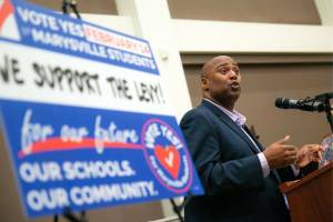 Marysville School District Superintendent Zachary Robbins speaks during an event kicking off a pro-levy campaign in January 2023 at the Marysville Historical Society Museum in Marysville, Washington. (Ryan Berry / The Herald)