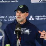 Photo courtesy of Edwin Hooper / Seattle Seahawks
Seattle Seahawks offensive coordinator Ryan Grubb speaks with the media at the Virginia Mason Athletic Center on Tuesday.