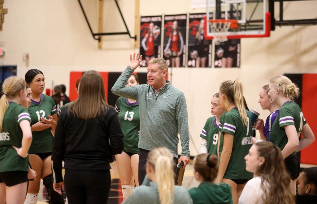 Edmonds-Woodway coach Bart Foley talks to his team during a timeout in a Wesco 3A/2A South matchup against Archbishop Murphy in Everett, Wash., on Oct. 9, 2024. The unranked Wildcats won 3-1 and handed the No. 10 Warriors their first loss of the season. (Taras McCurdie / The Herald)