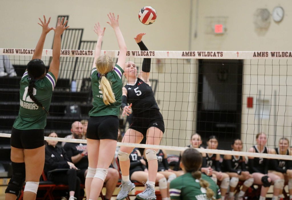 Archbishop Murphy senior setter/pin hitter Laura Esping hits the ball in a Wesco 3A/2A South matchup against Edmonds-Woodway in Everett, Wash., on Oct. 9, 2024. The unranked Wildcats won 3-1 and handed the No. 10 Warriors their first loss of the season. (Taras McCurdie / The Herald)